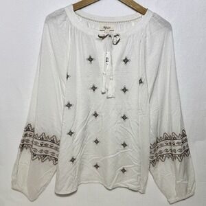 Style & Co Women's Large White Medallion Embroidered Blouse NWT Boho Artsy Flowy